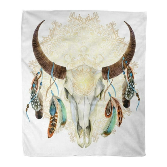 Essential Bull Skull Illustration Print with Themed Ornaments Cream Multicolor Cozy Plush for Indoor and Outdoor Use 50 x 70 Ambesonne Longhorn Soft Flannel Fleece Throw Blanket 